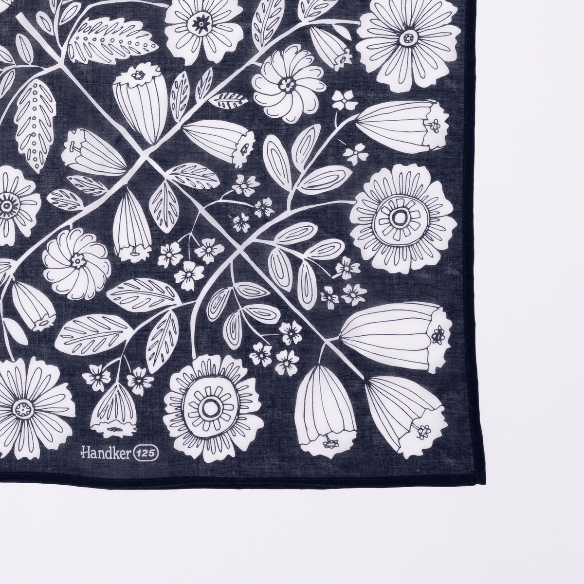 Detail of a blue and white floral patterned bandana. 