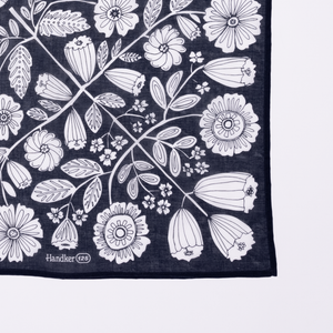 Detail of a blue and white floral patterned bandana. 