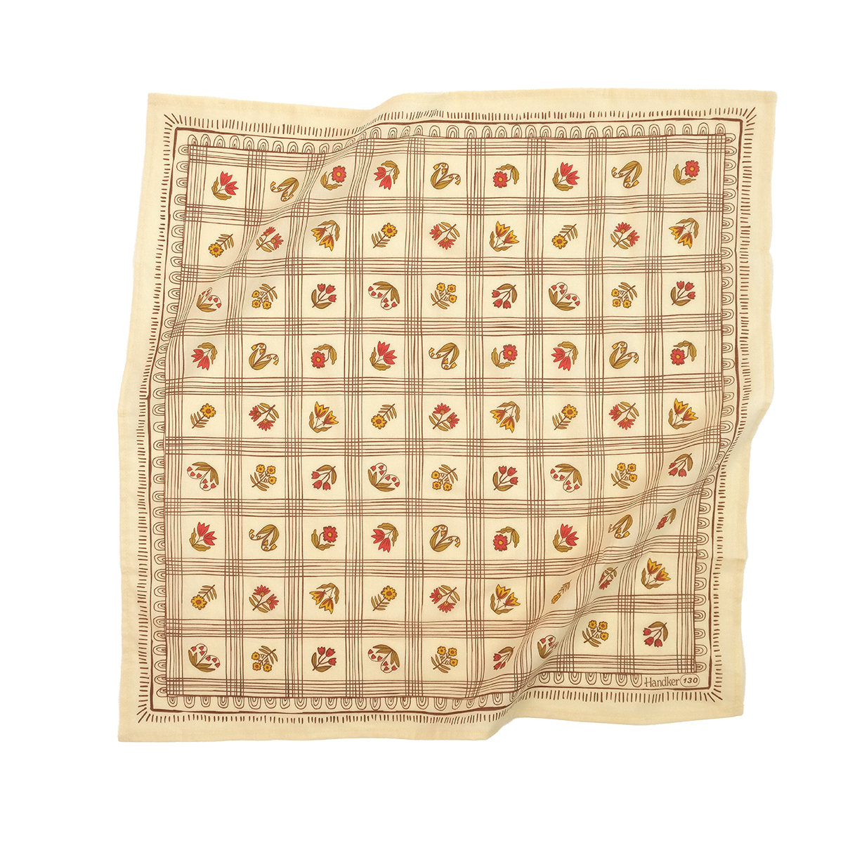 Cream colored bandana with a grid pattern that has a floral pattern within. 