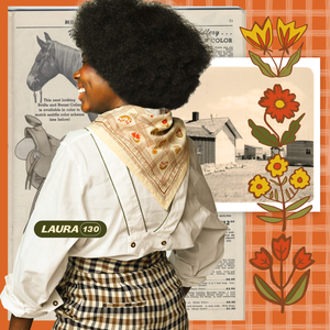 A person modeling a floral pattern bandana against a collaged background. 