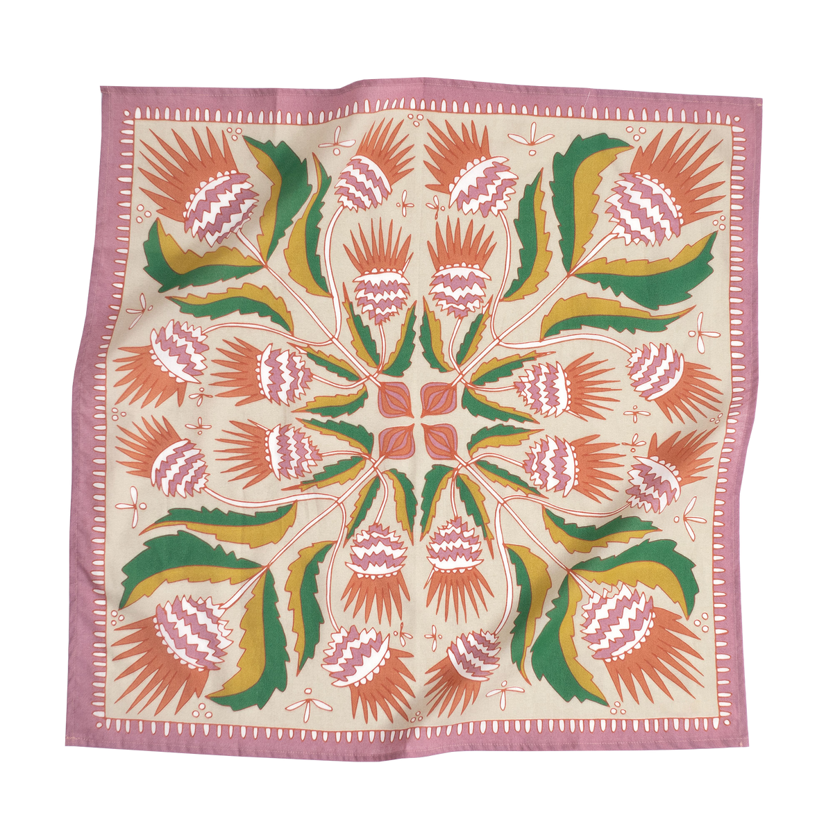 Floral patterned bandana in green, pink, and orange colors. 