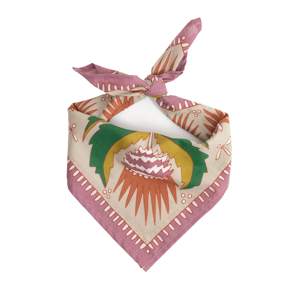 Floral patterned bandana tied into a scarf against a white background. 