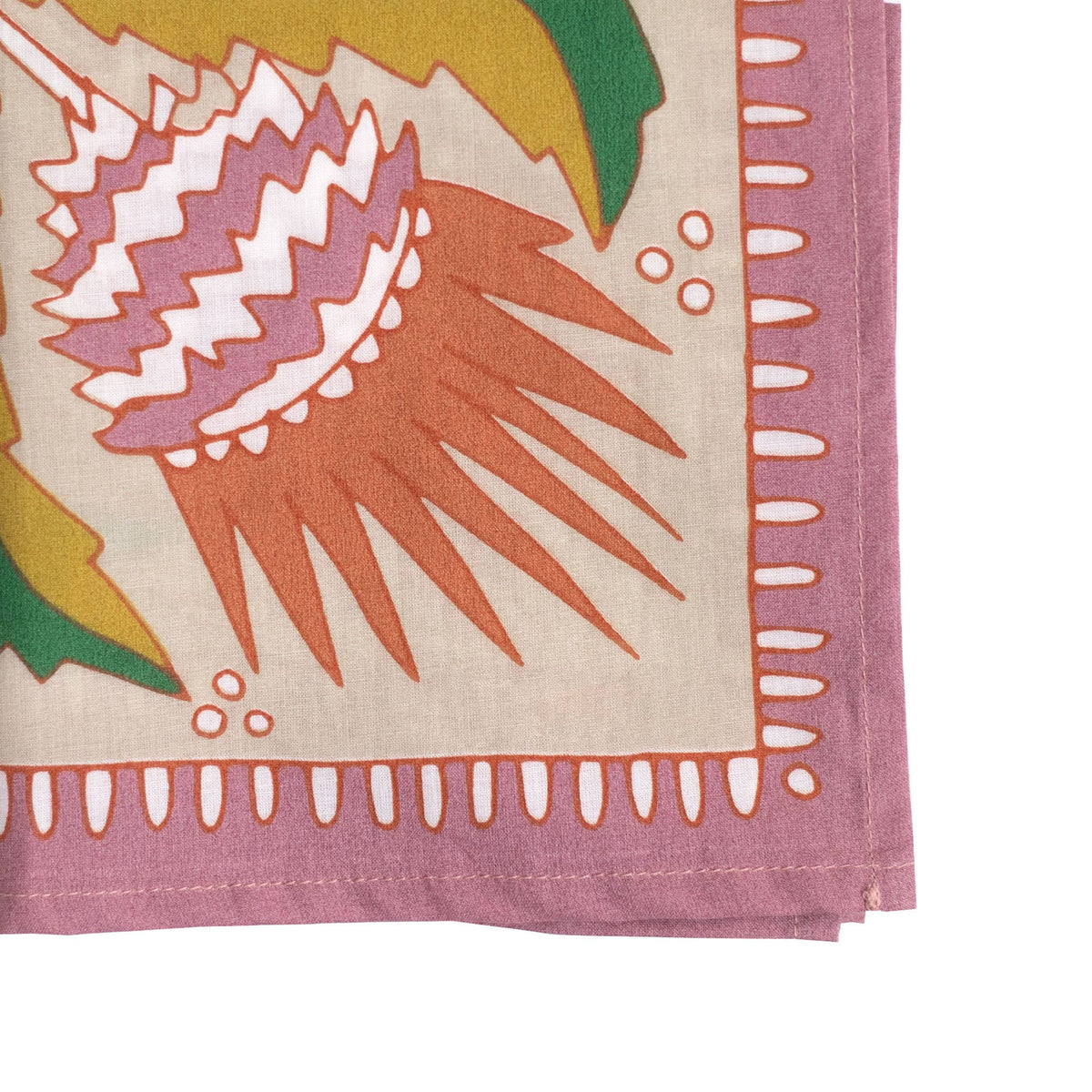 Detail of a corner of a floral patterned bandana. 