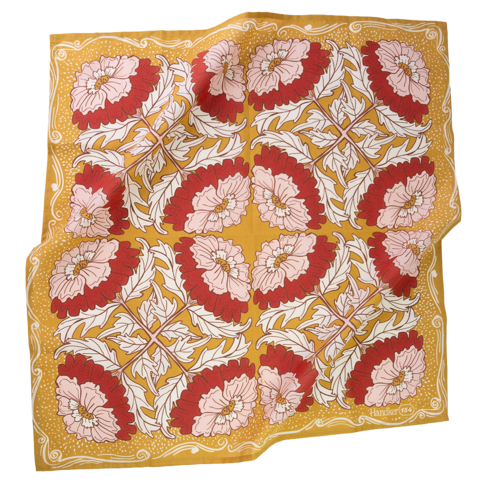 Yellow bandana with a pink, red and cream colored floral pattern. 