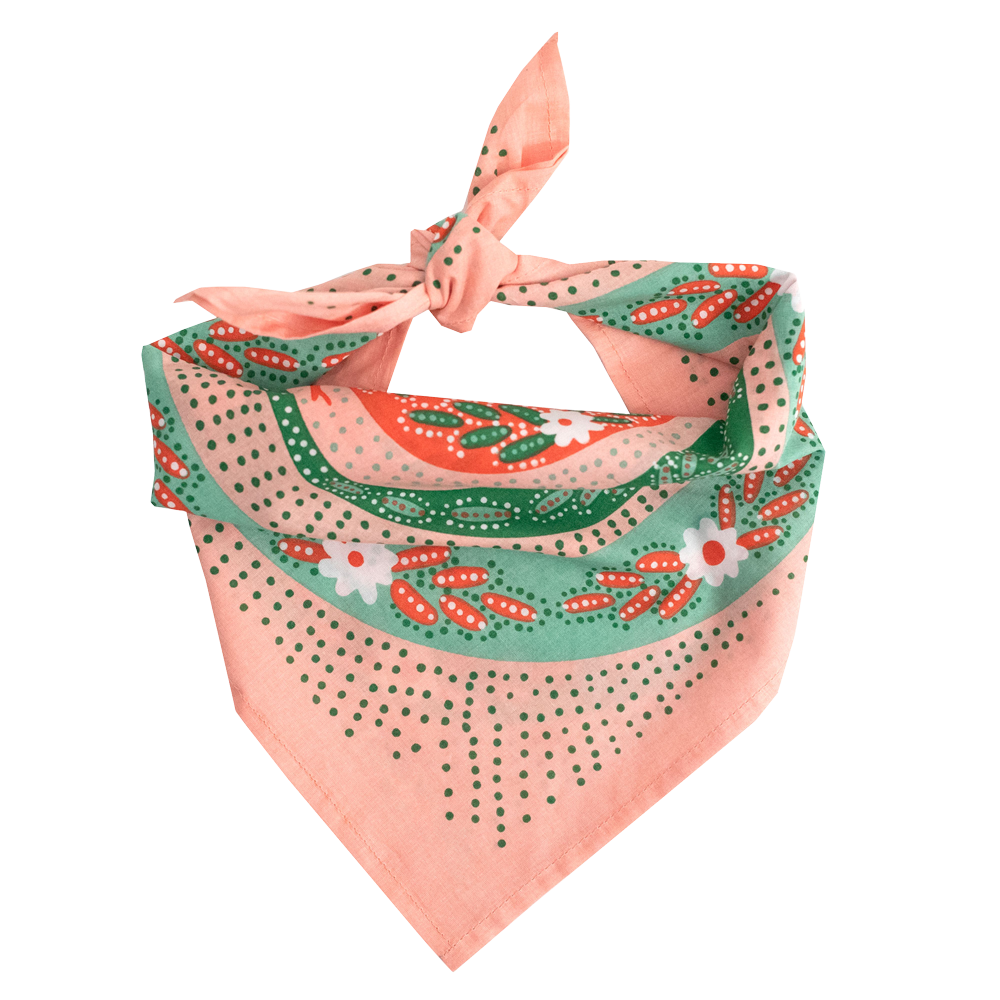 Pink patterned bandana folded and tied into a scarf. 