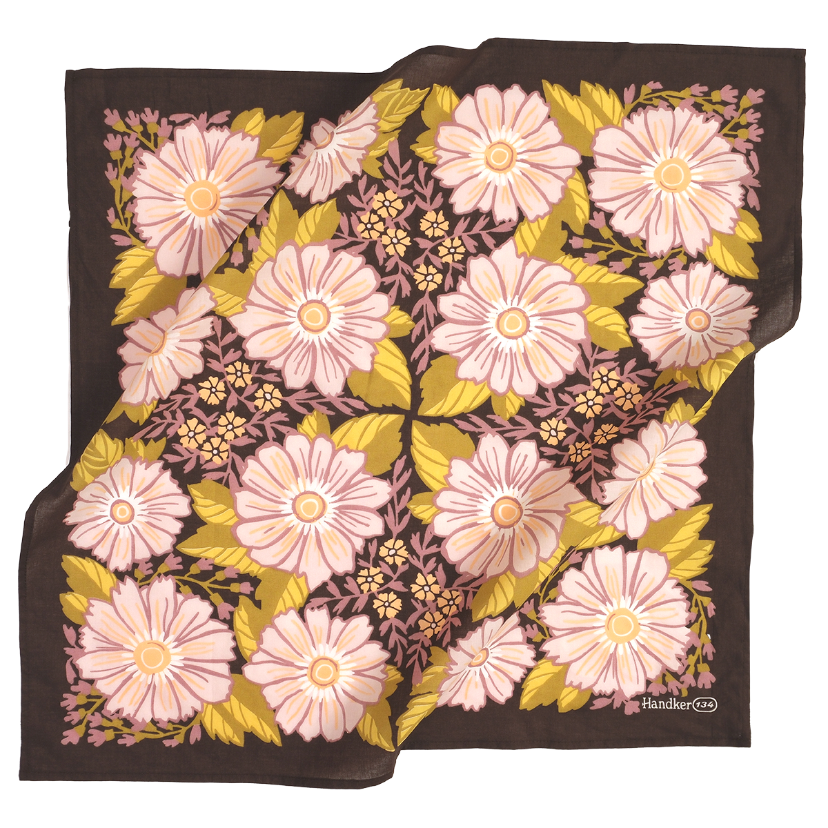 Dark colored bandana with a pink and green floral pattern