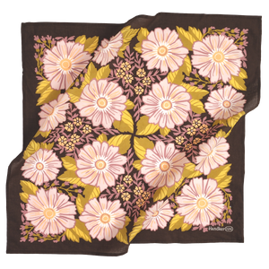Dark colored bandana with a pink and green floral pattern