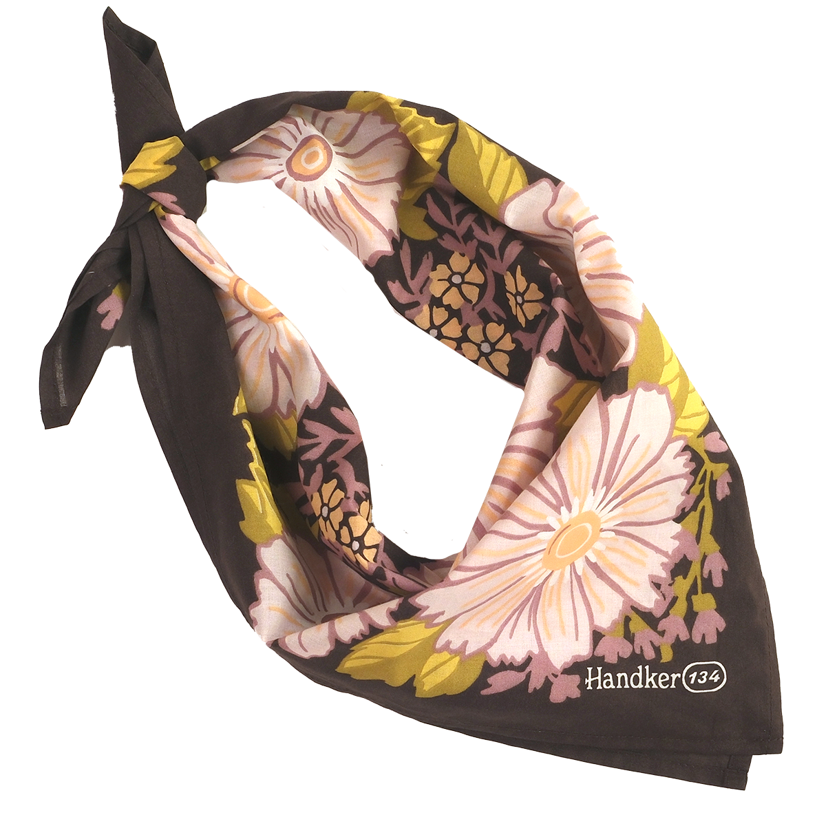 Floral patterned bandana folded and tied into a neck scarf. 