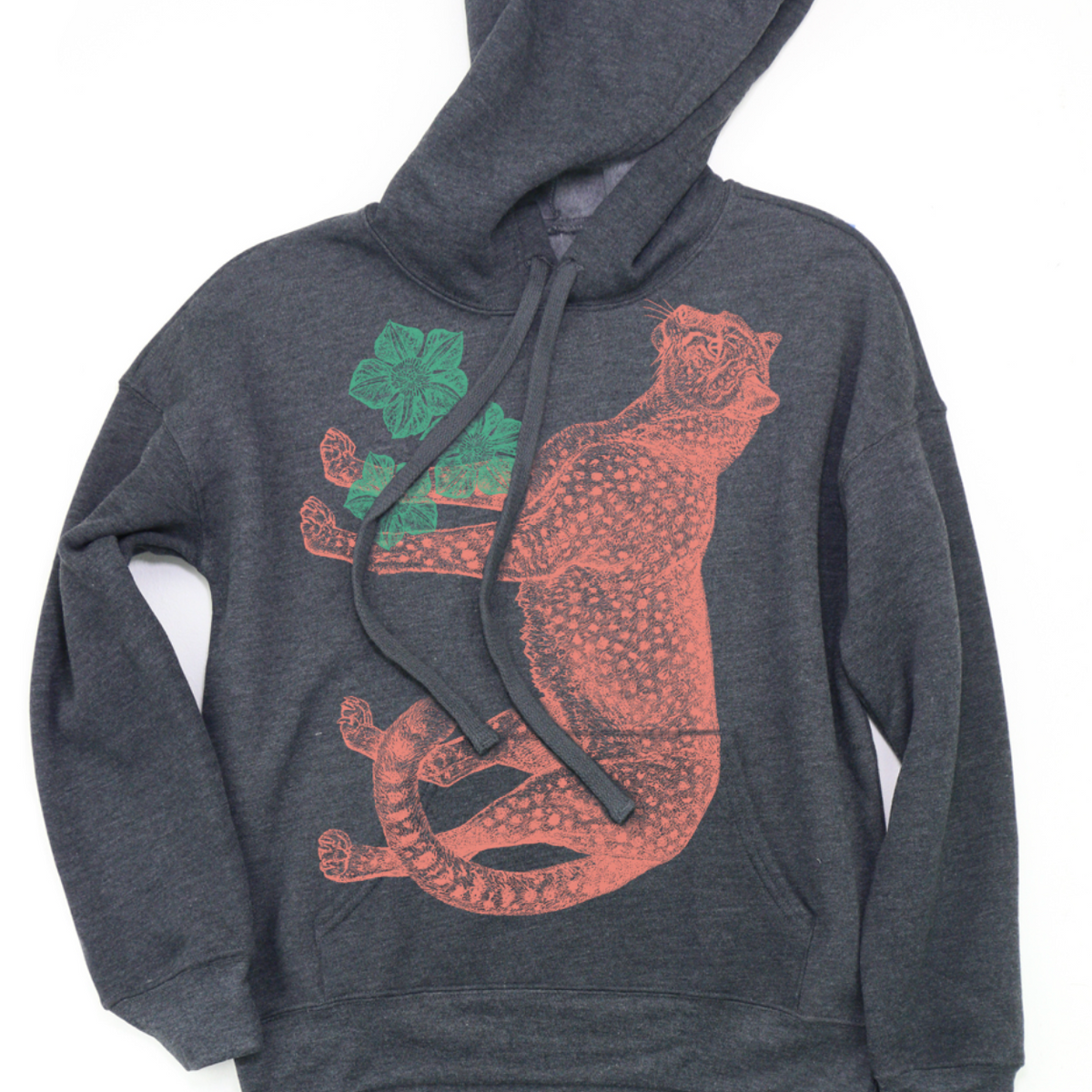 Gray hoodie with a red panther and green clover design on a white background