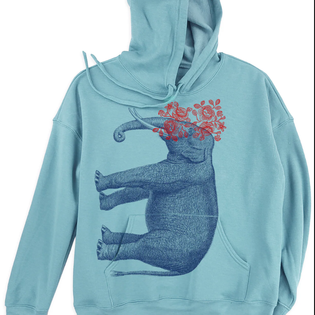 Light blue hoodie with a graphic of an elephant and flowers on a white background