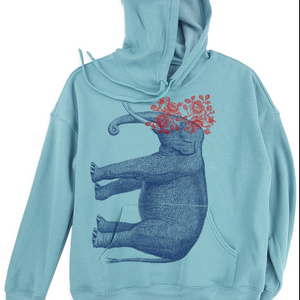 Light blue hoodie with a graphic of an elephant and flowers on a white background