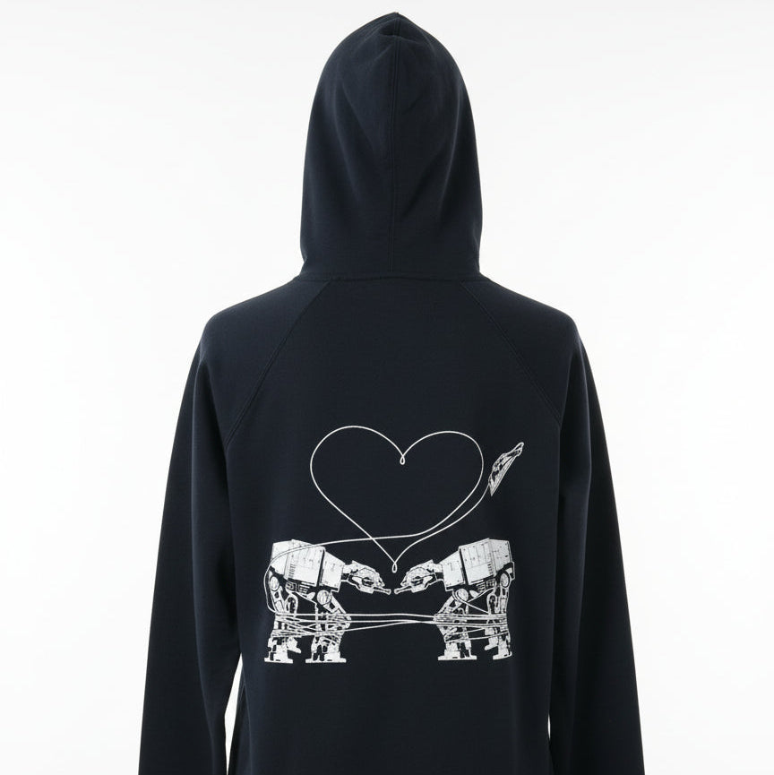 Dark navy blue hoodie with Love AT-AT First Sight design screenprinted on back in white ink. Worn by a mannequin against a white background.