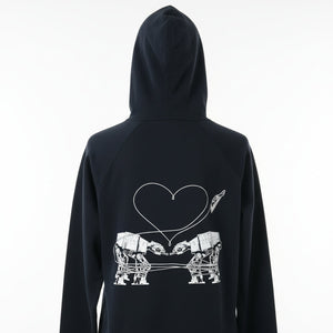 Dark navy blue hoodie with Love AT-AT First Sight design screenprinted on back in white ink. Worn by a mannequin against a white background.