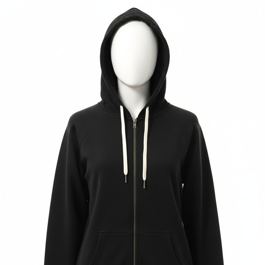 Navy blue hoodie on a mannequin against a white background. 