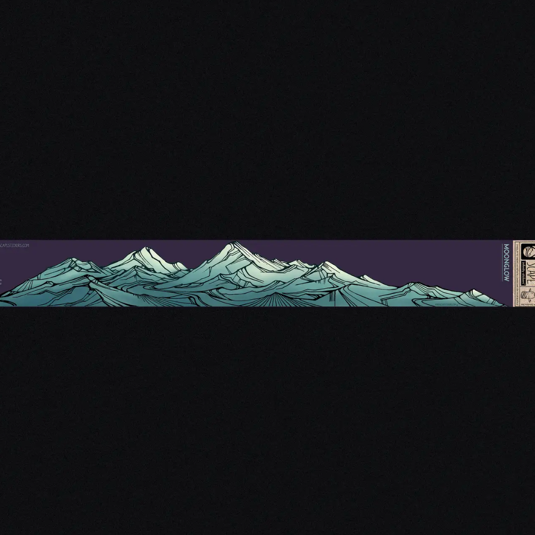 Mountain landscape infinity sticker on a black background with a small label on the right.