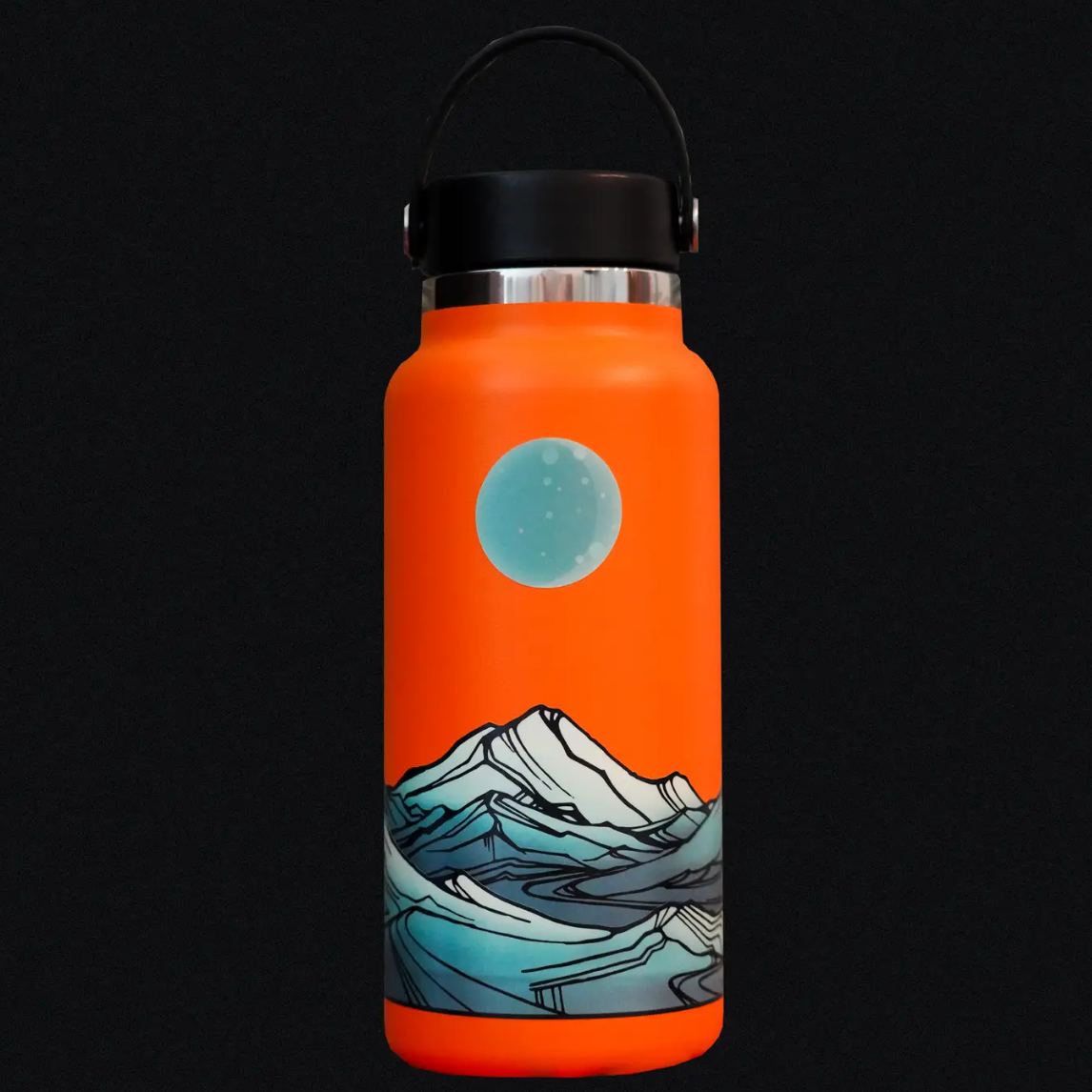 Orange water bottle with mountain and moon design on a black background