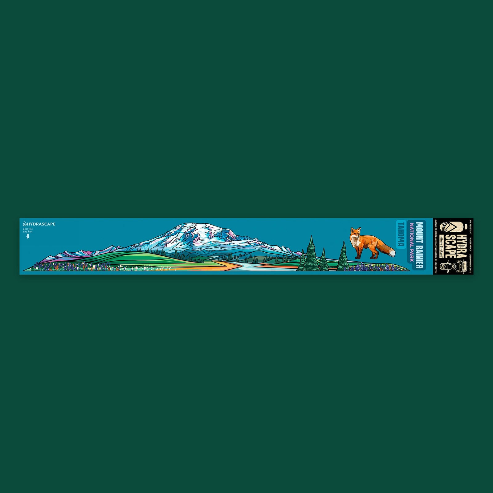 The large mt. rainier infinity sticker with an orange fox against a green background