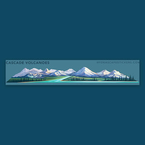 Sticker design of the Cascade Volcanoes with a blue background