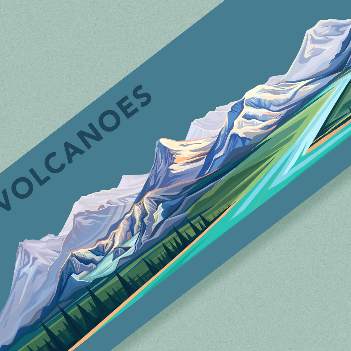 Close up of the cascade volcanoes miniscape sticker against a light blue background