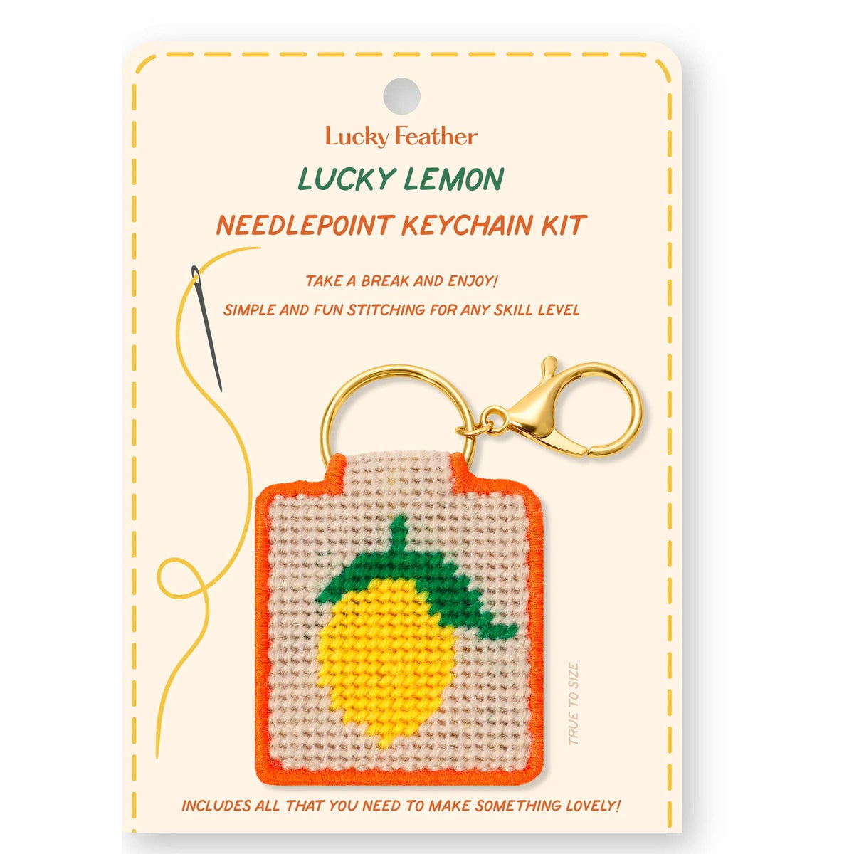 Lucky Feather Lucky Lemon needlepoint keychain kit on a beige card