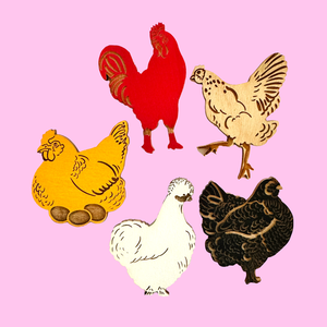 Five colorful wooden cutouts of chickens on a pink background