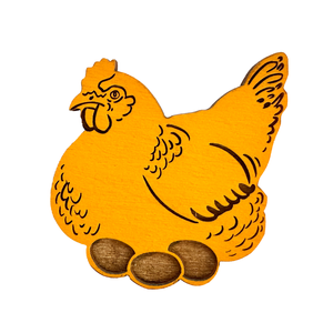 Wooden chicken figure with orange body and brown feet on a white background