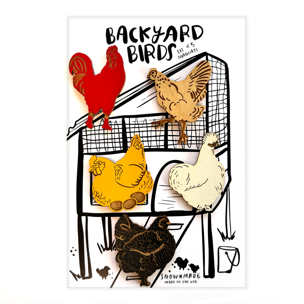 Illustration of chickens on a roost with text 'Backyard Birds' above.