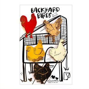 Illustration of chickens on a roost with text 'Backyard Birds' above.