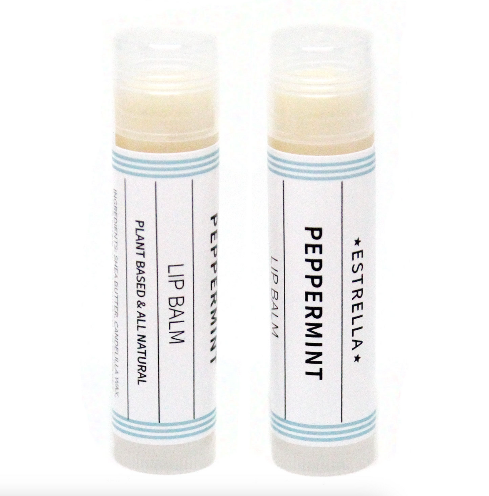 Two sticks of Estrella lip balm with peppermint flavor, set against a white background. The packaging is minimalistic with a predominantly white color and blue stripes.