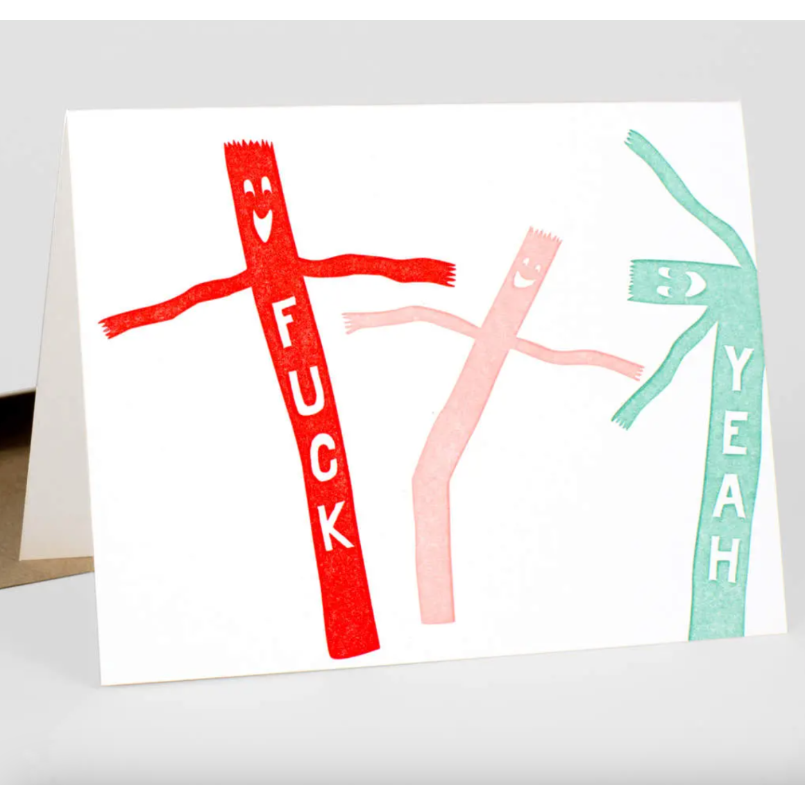Card with air dancer drawings in red, pink, and green on a white background and text that says "Fuck yeah"