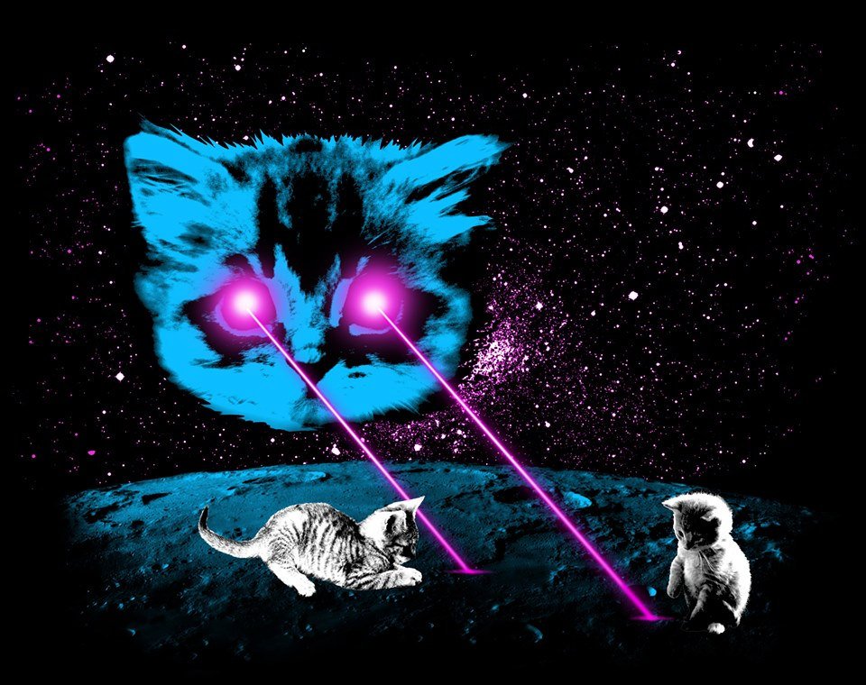 A blue space cat shoots lasers onto the moon's surface. Tiny kittens are playing in the lasers. 