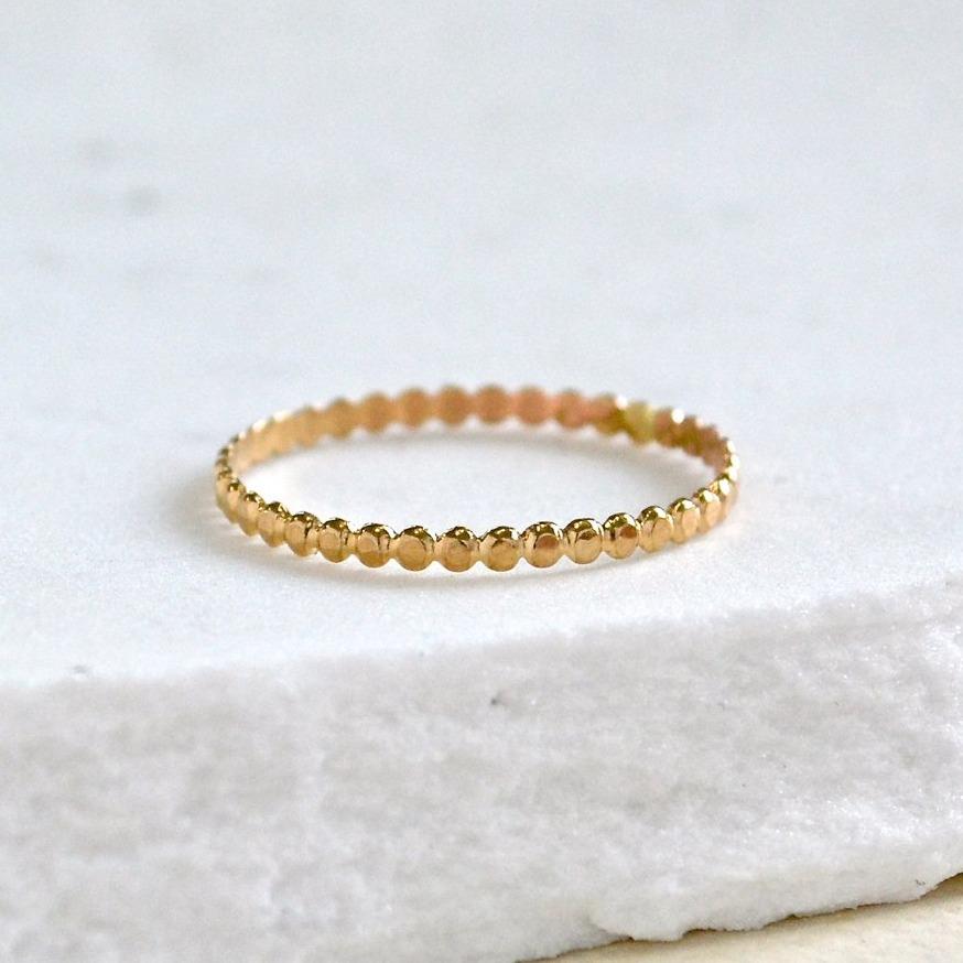 Droplets Ring - thin beaded dotted stacking ring in solid 14K gold - Foamy Wader