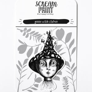 A rectangular printed card or packaging insert for a 'green witch sticker' by Scream Print, featuring a black and white illustration of a witch's head with a pointed hat and leafy botanical details on a white background.