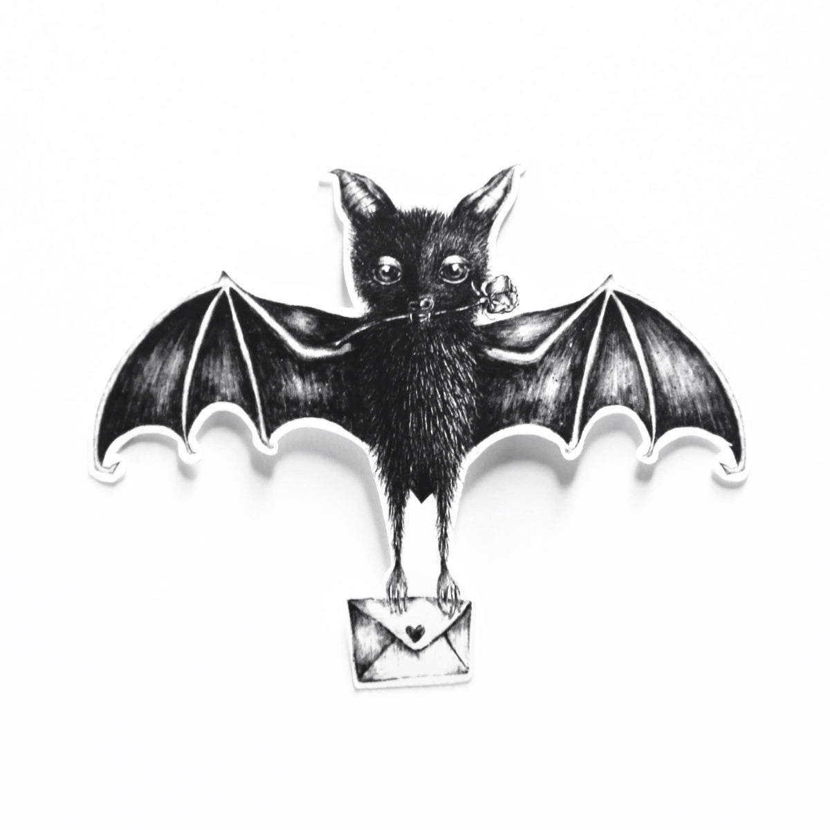 A black and white bat-shaped sticker holding a small envelope, shown against a plain white background.