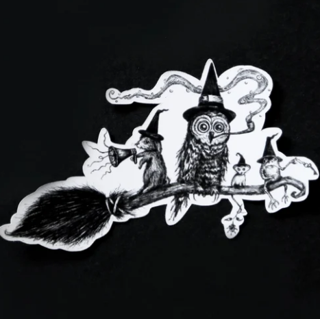 A black and white hand-drawn sticker of a group of animals riding a witch's broom. 