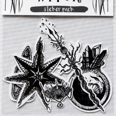 Sticker pack of five stickers including a potion bottle, starfish, mermaid crown, trident, and crystal ball. 