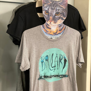 Gray t-shirt with a graphic of sealife spelling out "Ballard." The shirt is hanging on a hanger that has a cat head.