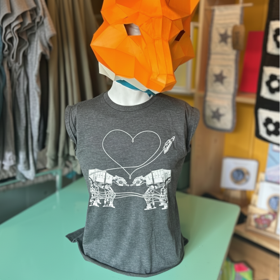 Mannequin wearing a gray t-shirt with Love AT-AT First Sight design.
