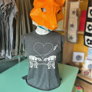 Mannequin wearing a gray t-shirt with Love AT-AT First Sight design.