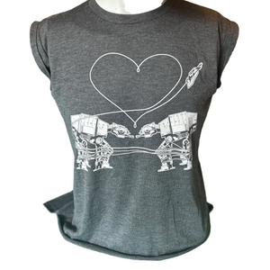 Gray t-shirt with Love AT-AT First Sight design on a mannequin against a colorful background