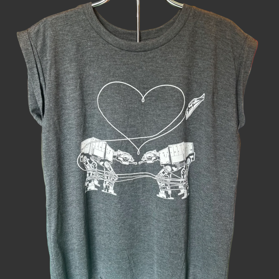 Gray t-shirt with Love AT-AT First Sight design on a hanger.