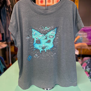 Washed basil t-shirt with a blue catographer graphic. It is a treasure map in the shape of a cat head. 