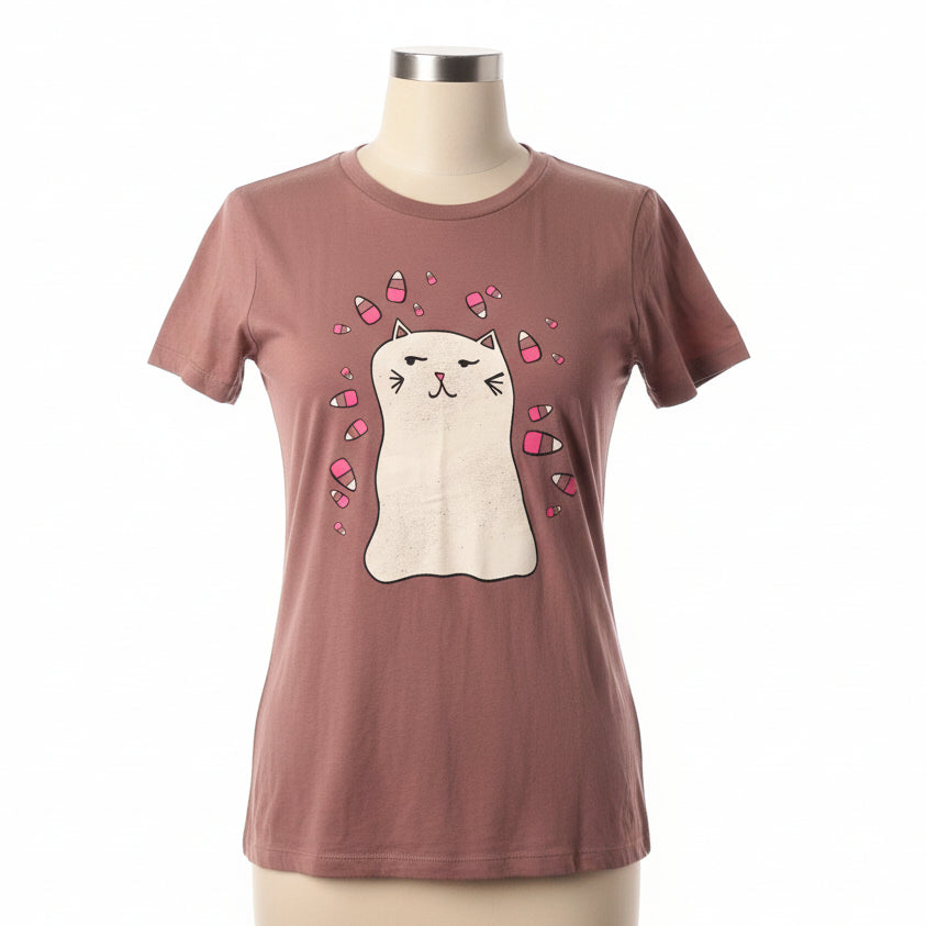 Heather mauve t-shirt with a ghost cat graphic.