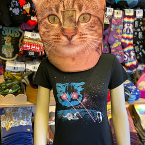 Mannequin wearing a black t-shirt with a cat graphic in a store setting