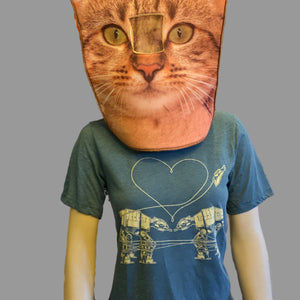 Mannequin with a cat head is wearing a slate blue heather shirt that has two at-ats falling in love. Awh!