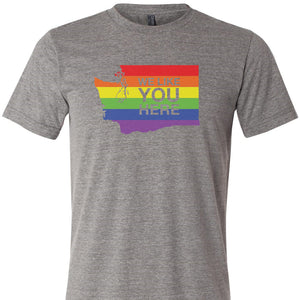 Gray t-shirt with rainbow-colored state outline and text 'WE LOVE YOU HERE' on a white background