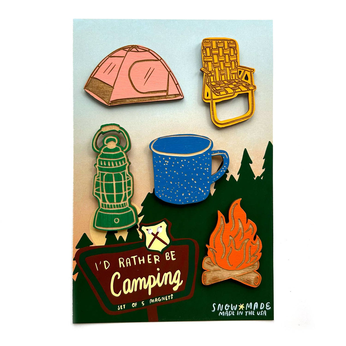 Set of camping-themed magnets including a tent, chair, lantern, mug, sign, and campfire on a light blue background.