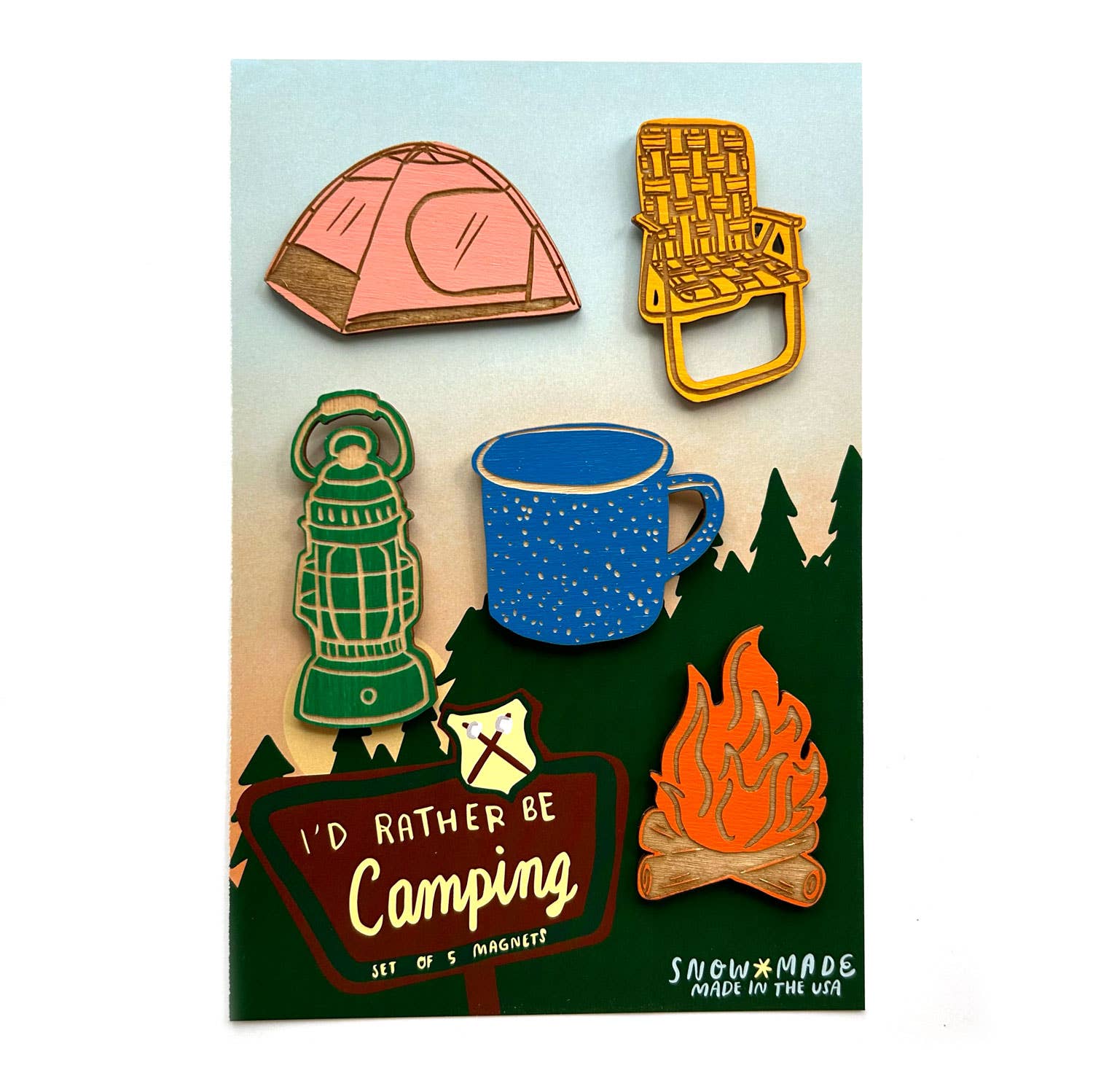 Set of camping-themed magnets including a tent, chair, lantern, mug, sign, and campfire on a light blue background.