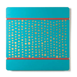 Turquoise wooden flower press with dots design and orange rubber bands