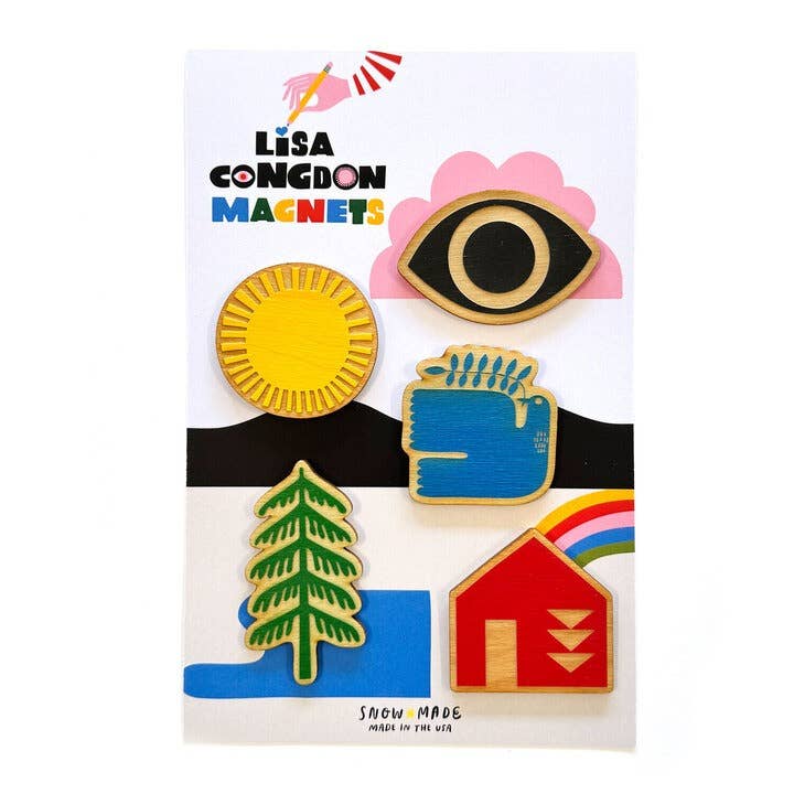 Set of colorful magnets on a branded card with 'Lisa Congdon Magnets' logo.